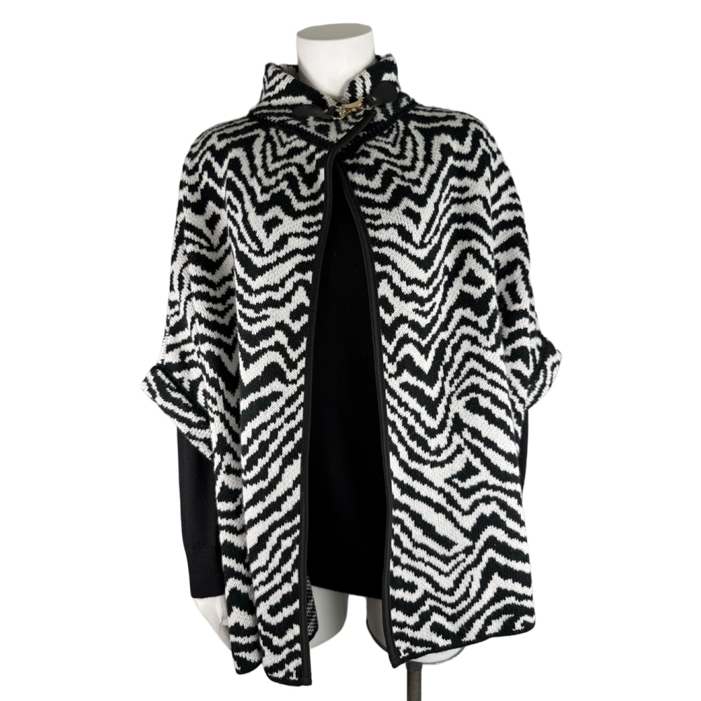 Janice Apparel Zebra Knit Poncho Cape Black White One Size